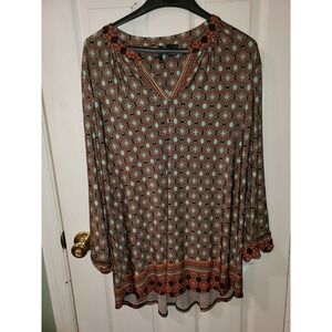 New Directions Woman 3X Tunic Top Geometric Medallion Print V-Neck Blouse
